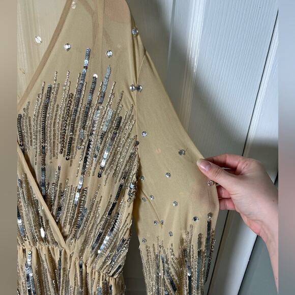 Mac Duggal Beaded Sequin Long Sleeve V Neck Surplice Neck Romper 10563 Nude 10 - Picture 4 of 12